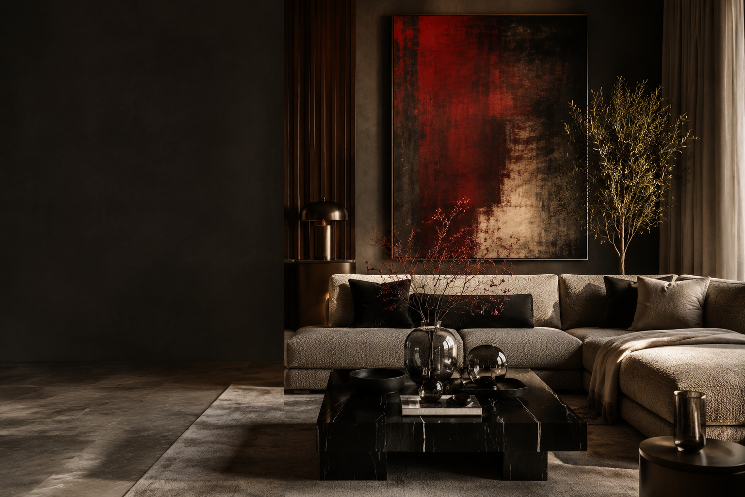Interior contemporáneo en tonos grafito, piedra y rojo profundo